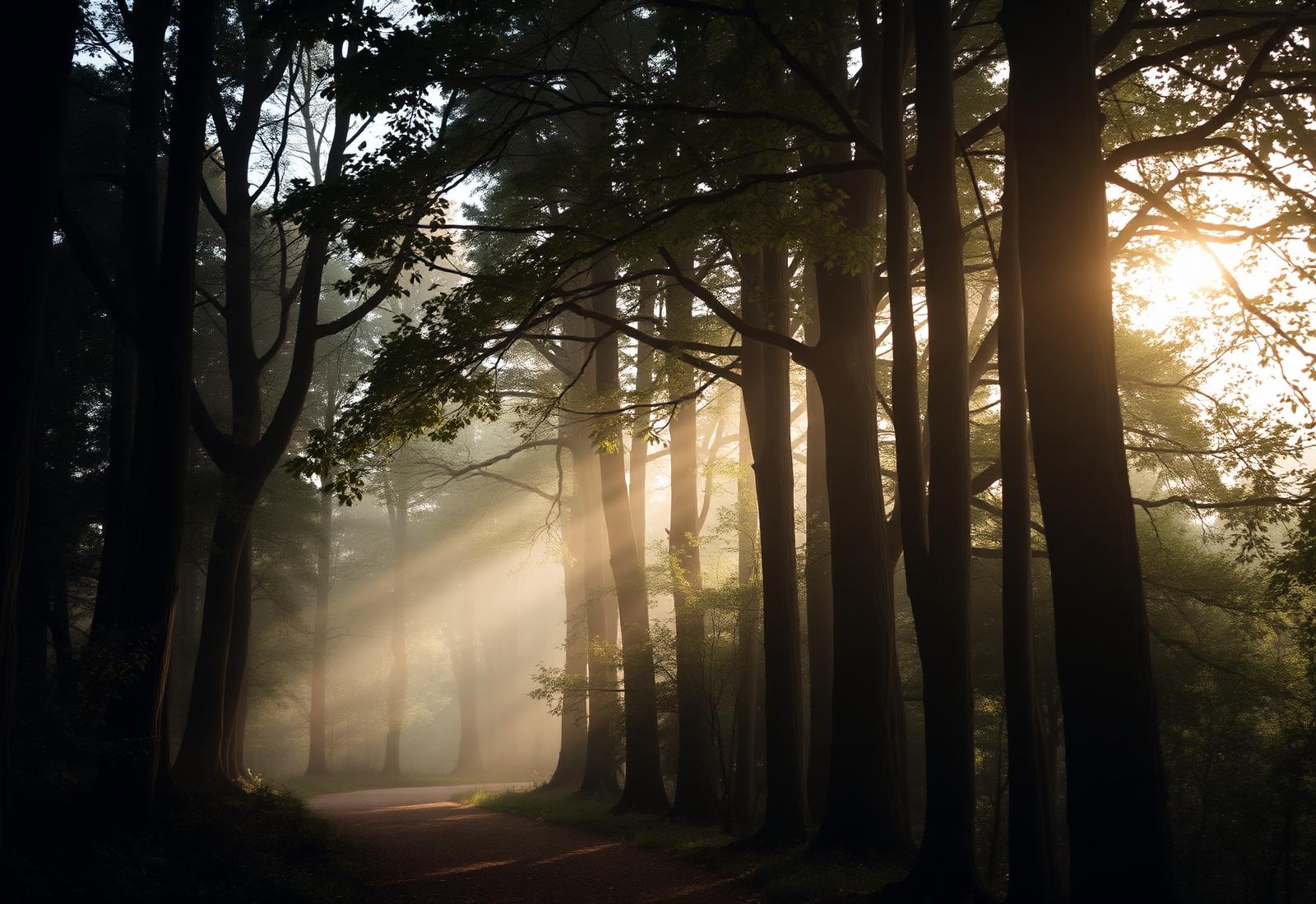 Caminho na floresta com luz suave da manhã