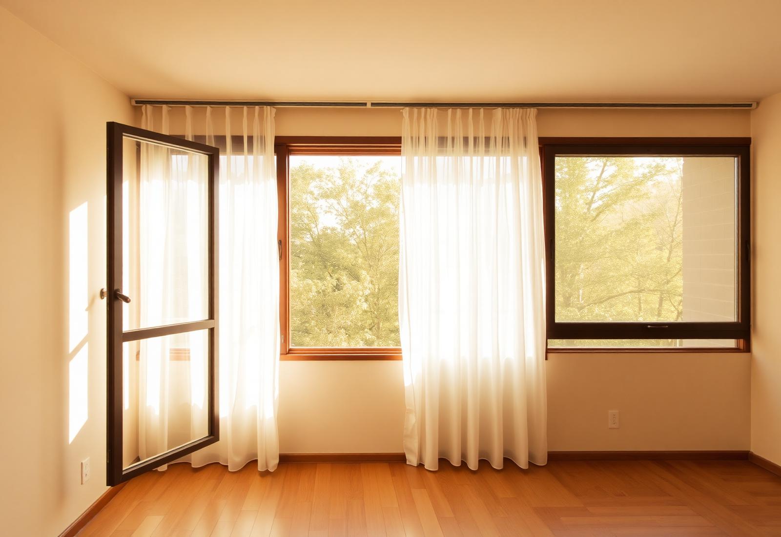 Janela aberta com cortinas ao vento e luz natural